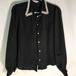PEACH  Women's Black Blouse with Pearl Embellished Collar Zize M made In China